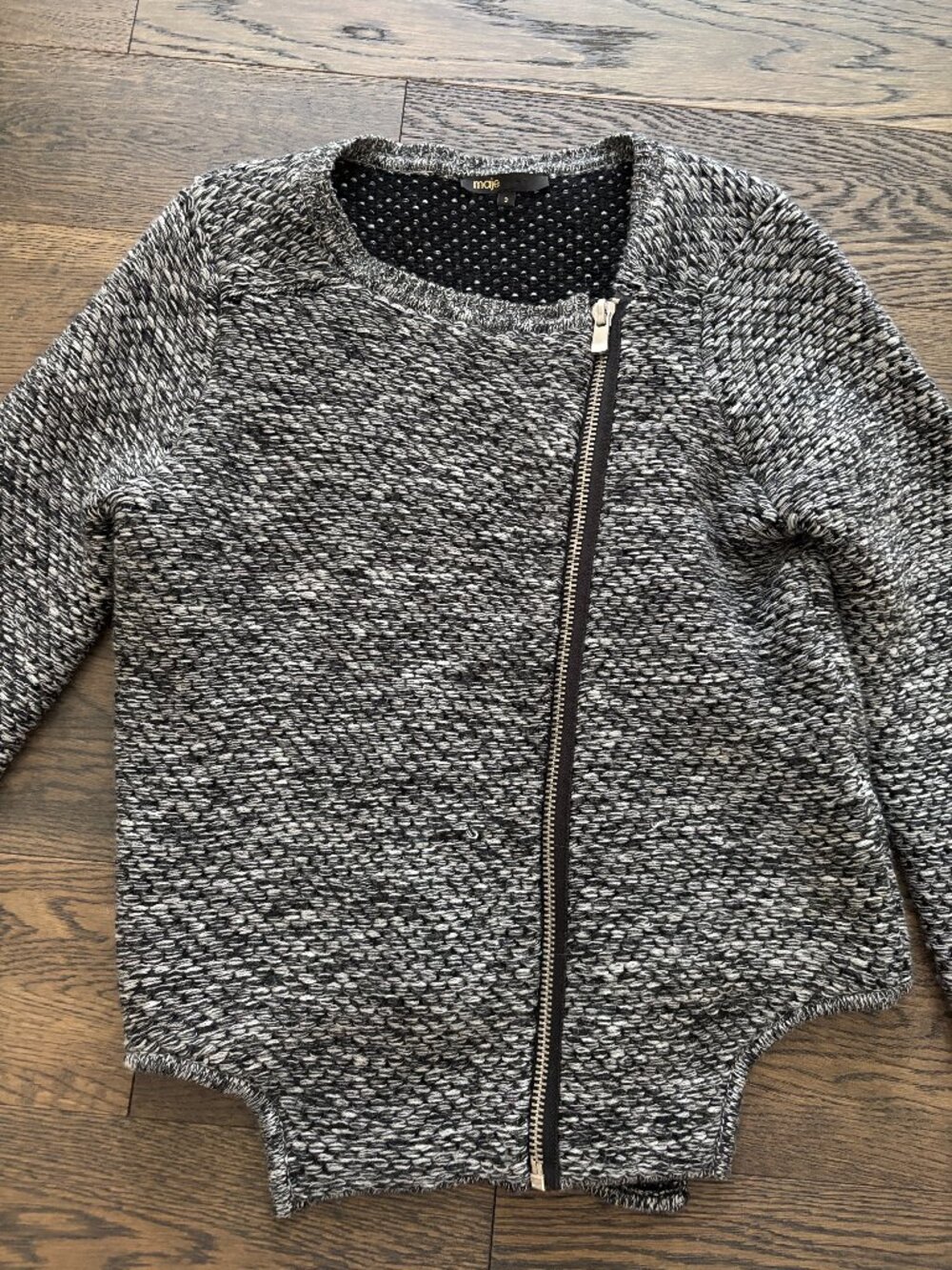 Maje Women's Gray Marled Knit Asymmetrical Zip Up Wool blend Moto Jacket Large